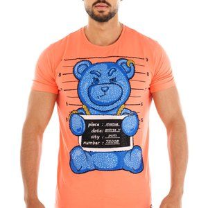 Avenue George V Paris Men's Neon Orange T-Shirt Teddy Bear Rhinestone Fitted tee